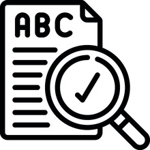 Document labeled "ABC" under magnifying glass with checkmark, symbolizing document verification or quality review.