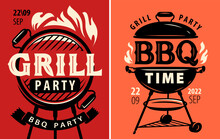 Two retro-style BBQ party posters with grills, flames, and event dates on red and orange backgrounds.