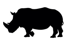 Black silhouette of a rhinoceros in profile, showing horn, ears, and sturdy body against white background.