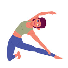 Woman performing a standing side bend yoga pose, stretching torso and arms with focused expression.