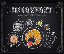 Chalkboard-style breakfast illustration featuring croissant, coffee, fruit, butter, jam, and cutlery.