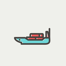 Stylized cargo ship icon with teal hull, red containers, and black outline.