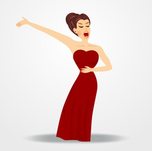 Elegant woman in a red strapless gown singing with expressive gesture and closed eyes.