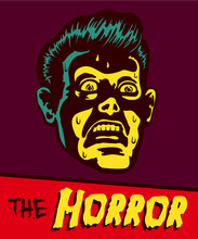 Stylized horror-themed illustration of a screaming man with teal hair and yellow face against maroon background, titled "THE HORROR".