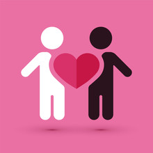 Two stylized figures-one white, one black-holding a red heart together on a pink background.