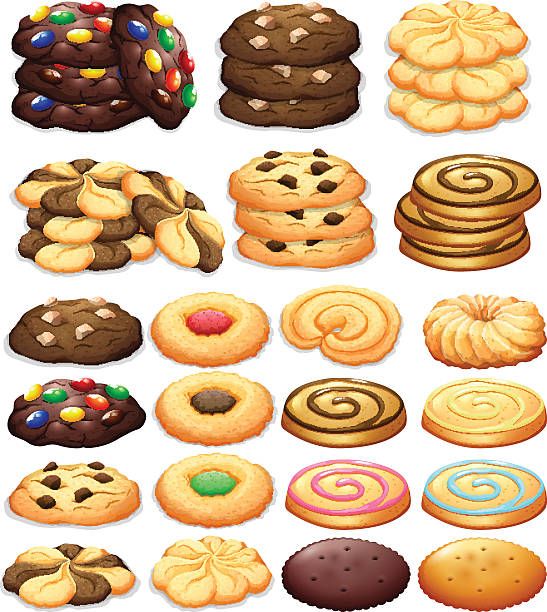 Collection of assorted colorful cookies including chocolate chip, swirl, M&M, and jam-filled varieties.