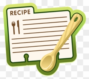 Green recipe card icon with fork, knife, lines for text, and wooden spoon overlay.