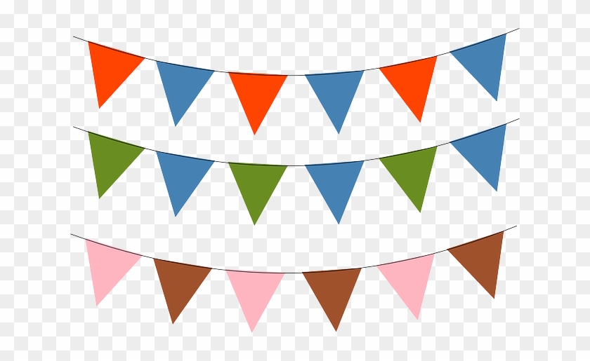 Three rows of colorful triangular bunting flags in orange/blue, green/blue, and pink/brown on transparent background.