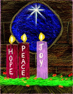 Three Advent candles labeled HOPE, PEACE, JOY with a starry night window behind and greenery at base.