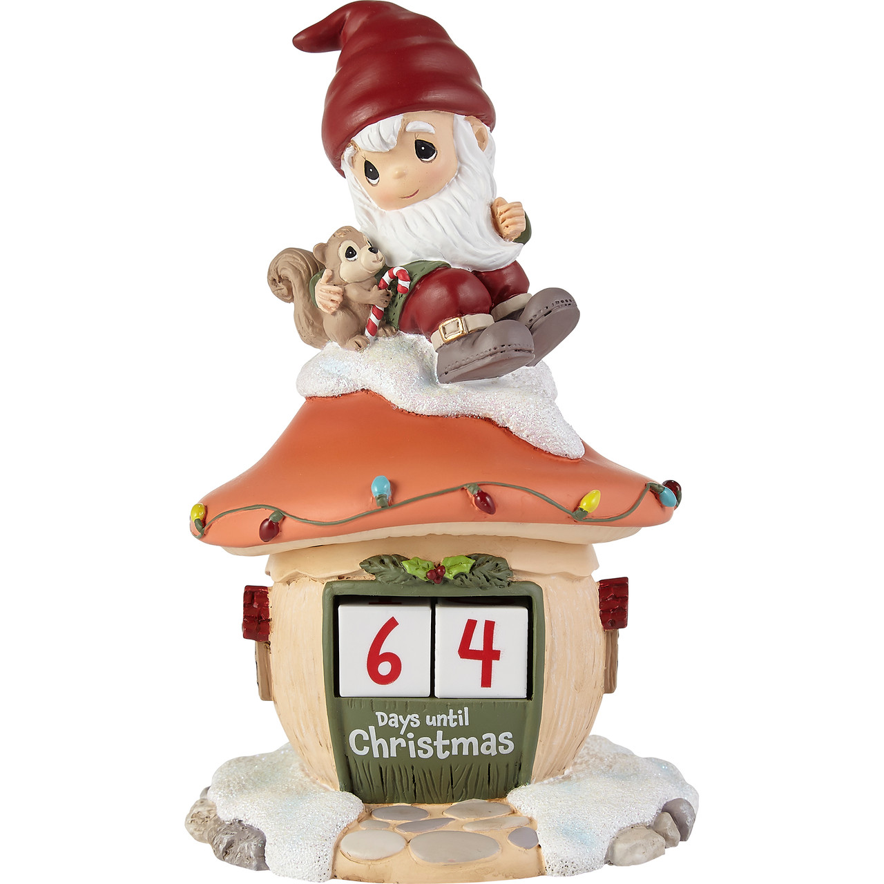 Whimsical gnome figurine with squirrel and candy cane perched atop a mushroom-shaped Christmas countdown house showing 64 days left.
