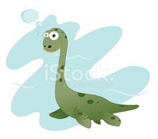 A cartoon green long-necked dinosaur swimming underwater with bubbles and light blue water swirls.