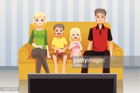 A smiling family of four-mother, father, son, and daughter-sitting together on a yellow sofa watching TV in a cozy living room.