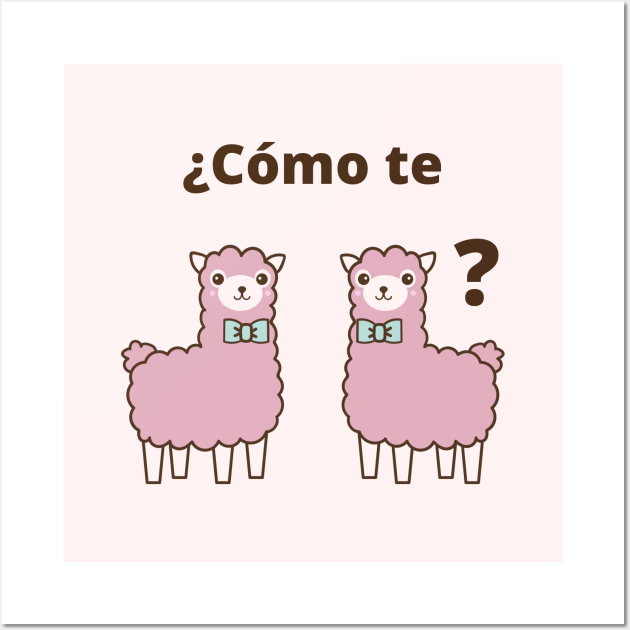 Two pink cartoon alpacas with bow ties; one labeled "¿Cómo te" and the other with a question mark.