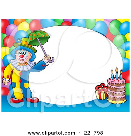 Cheerful clown holding green umbrella beside birthday cake and balloons, with blank oval frame for text or photo.