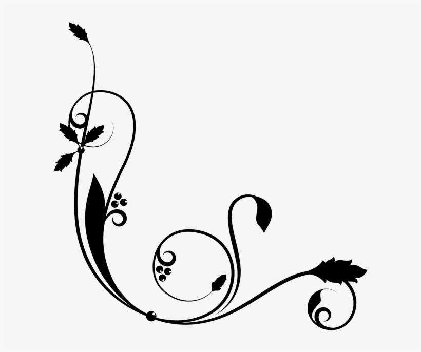 Elegant black-and-white floral vine scroll design with leaves and berries, suitable for decorative borders or page corners.