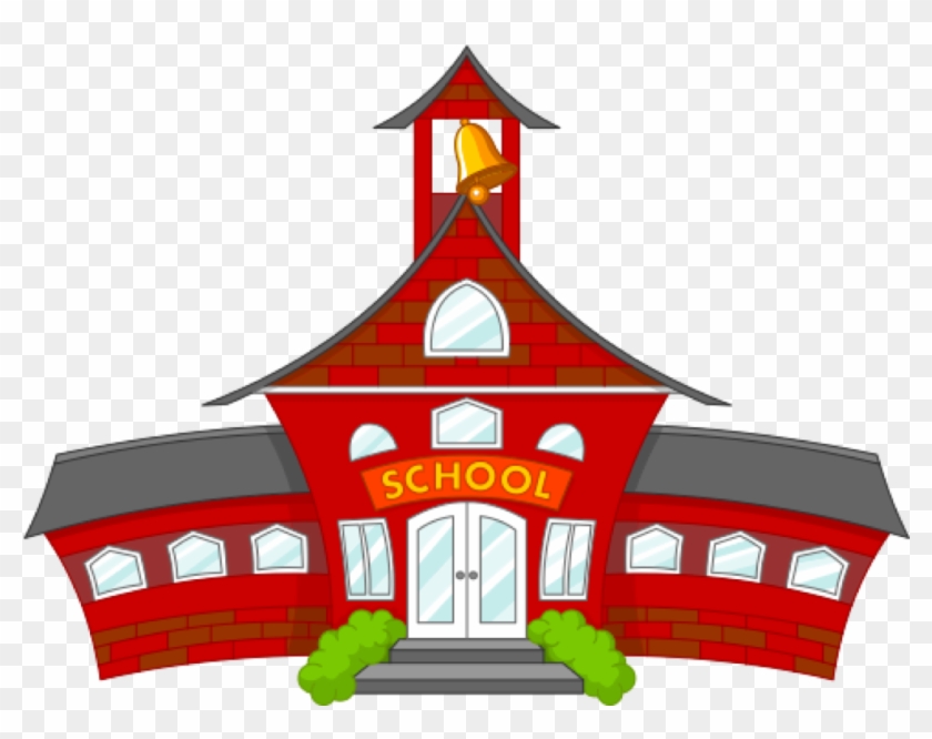Red brick school building with bell tower, arched windows, and "SCHOOL" sign above double doors.