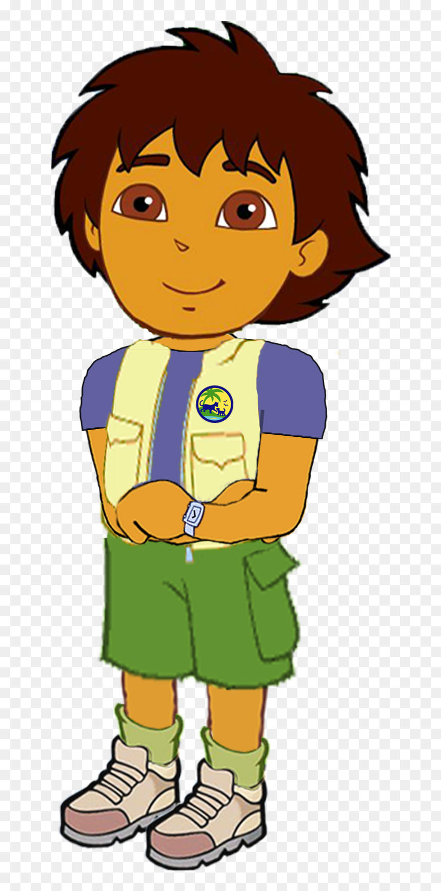 Diego, animated explorer boy in yellow vest, green shorts, and adventure gear, smiling with arms crossed.