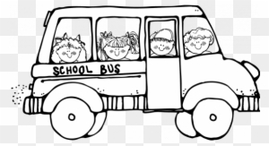 Black-and-white line drawing of a school bus with four smiling children looking out the windows; "SCHOOL BUS" written on side.