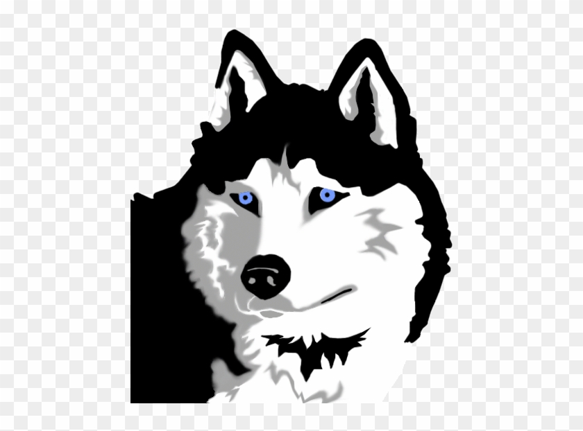 Stylized black-and-white husky head with piercing blue eyes and sharp features on transparent background.