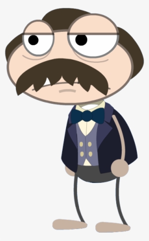 Cartoon man with mustache, monocle-style eyes, bowtie, and formal suit looking skeptical.