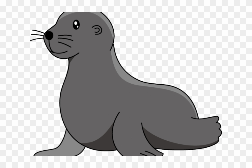 Cartoon gray seal sitting upright with whiskers and friendly expression on transparent background.