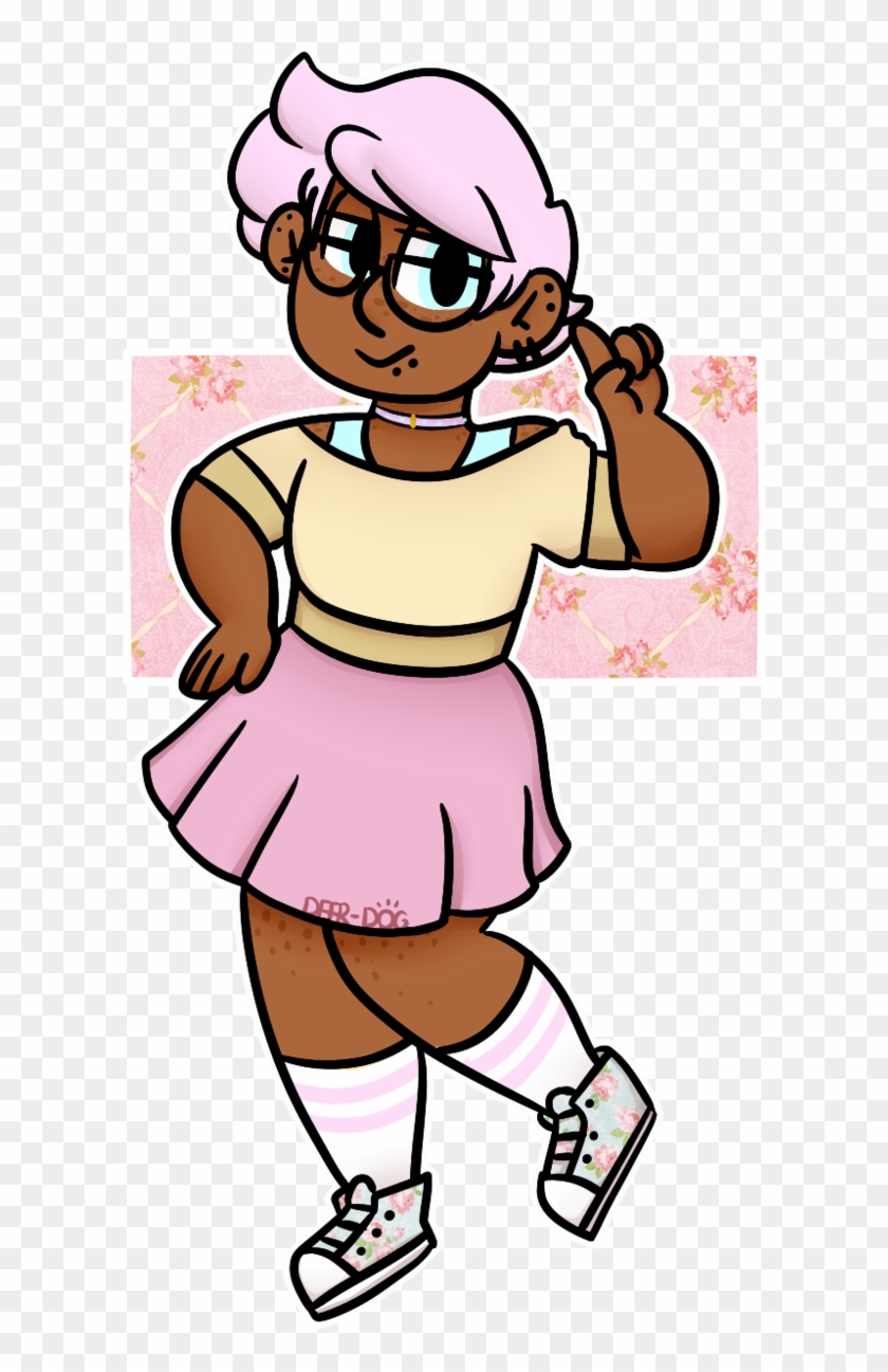 A stylish animated character with pink hair, glasses, and a pastel outfit posing confidently.