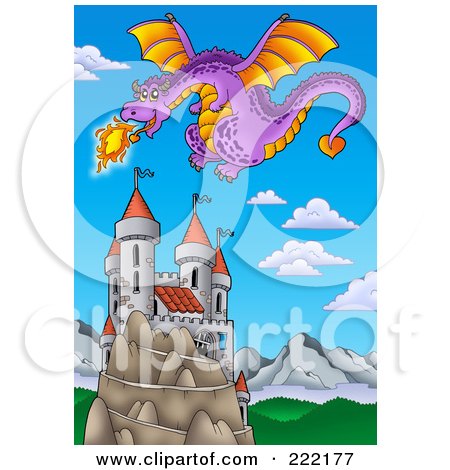 A purple dragon with orange wings breathes fire over a medieval castle on a rocky hill under a blue sky.