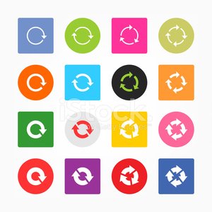 Collection of colorful circular and square icons featuring various refresh, reload, and recycle symbols.