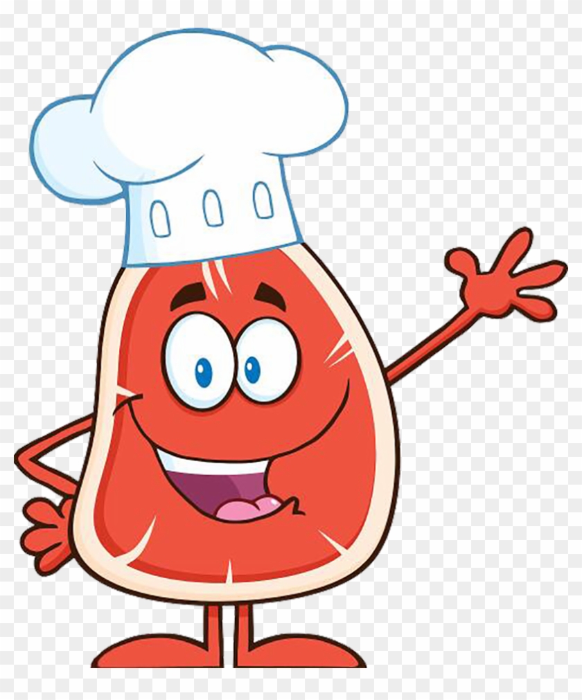 Cheerful cartoon steak wearing a chef's hat, waving and smiling.