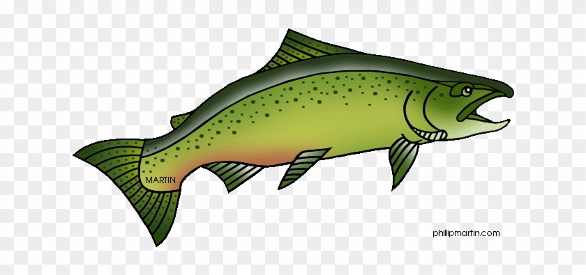 Illustrated green trout with spotted pattern, open mouth, and orange belly; artist signature "MARTIN" on tail fin.