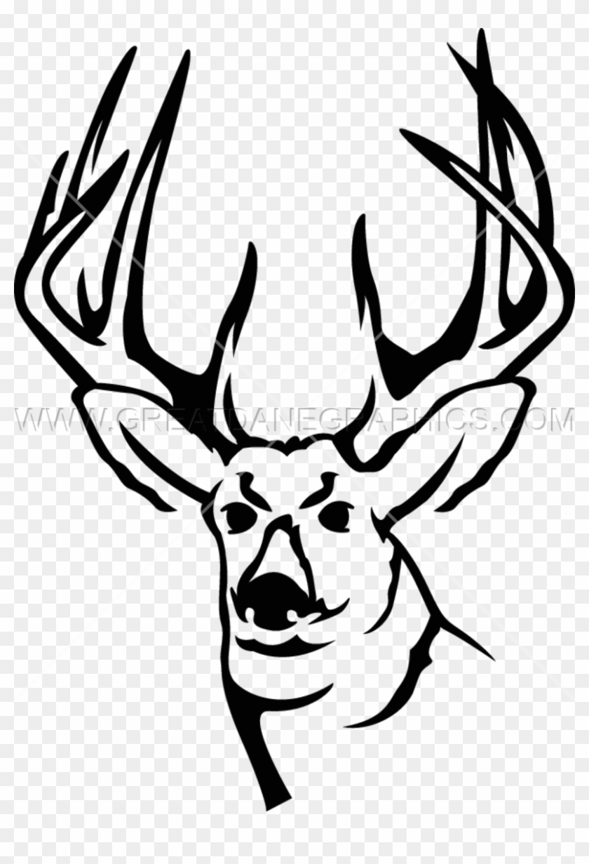 Black-and-white stylized illustration of a buck’s head with large antlers and intense expression.