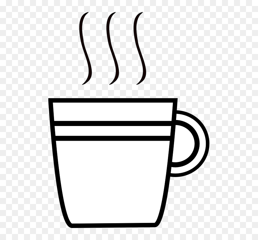 Simple line drawing of a steaming coffee or tea cup with handle, on transparent background.