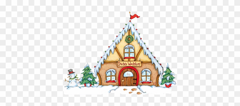 Charming illustrated Santa’s Workshop with snow, evergreen trees, and a snowman beside the door.