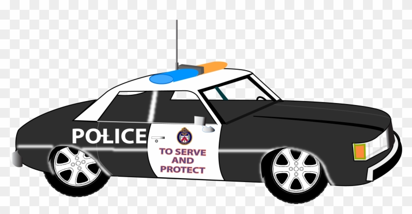 Classic black-and-white police cruiser with "POLICE" and "To Serve and Protect" text, blue-orange light bar, and badge emblem.