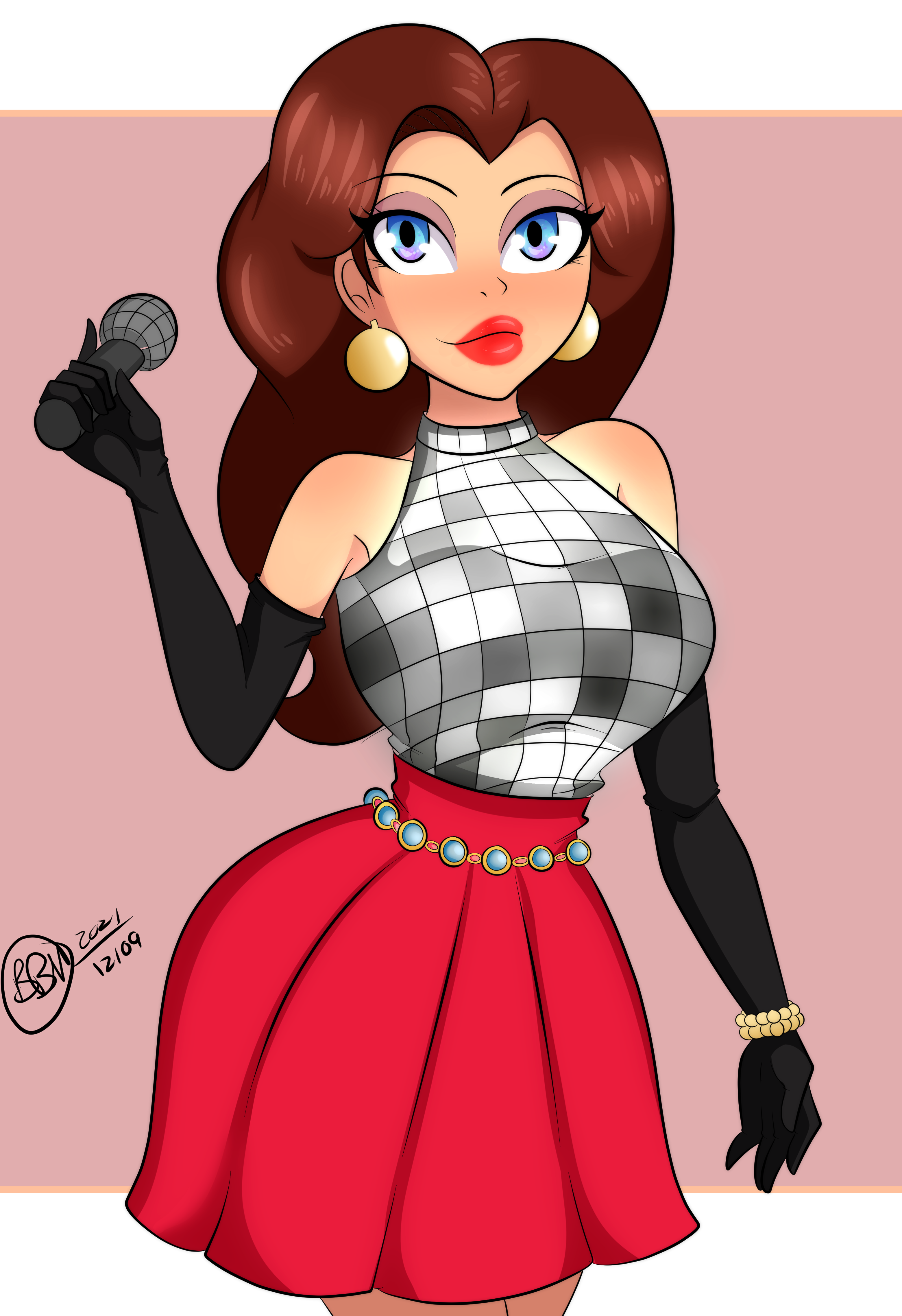 Animated female singer with brown hair, blue eyes, holding a microphone, wearing a disco-ball top and red skirt.