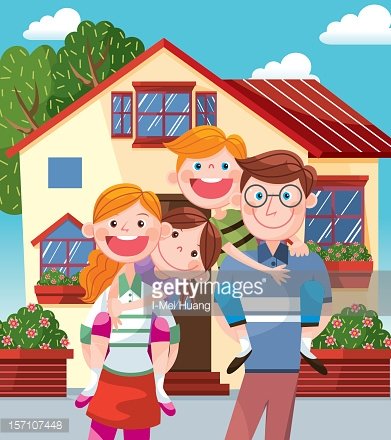 Happy cartoon family of four smiling in front of a colorful suburban house with garden and trees.