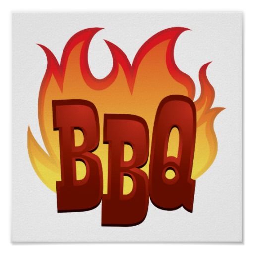 Bold red "BBQ" text overlaid on vibrant orange and yellow flames against a white background.