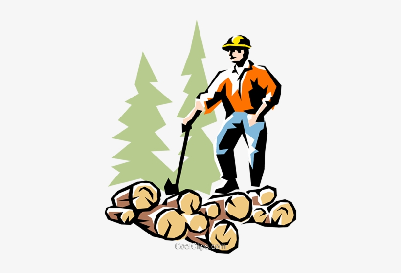 Logger in orange shirt and hard hat stands beside chopped logs with pine trees behind.