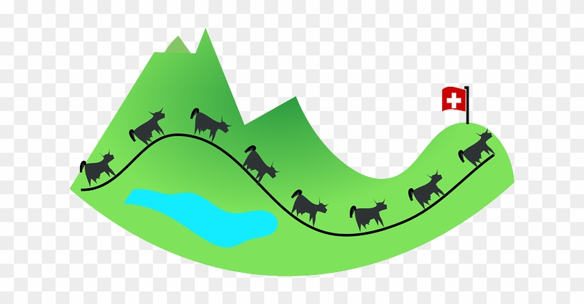 Silhouetted cattle walking a winding path across green hills toward a Swiss flag, with a lake below and mountains in the background.