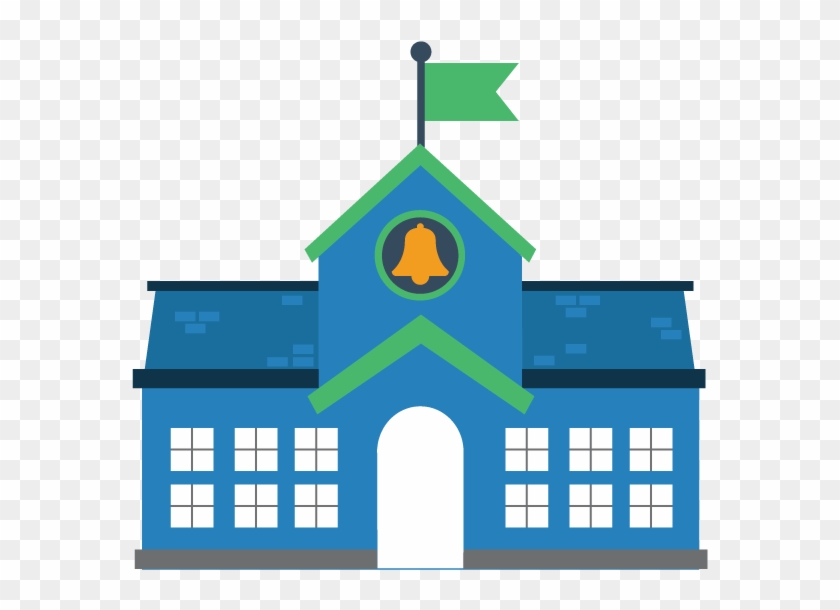 Blue school building with green roof, bell emblem, and flagpole on transparent background.