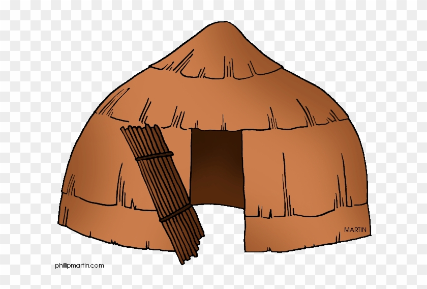 Hand-drawn illustration of a traditional thatched dome hut with wooden door frame and bundled sticks leaning against it.
