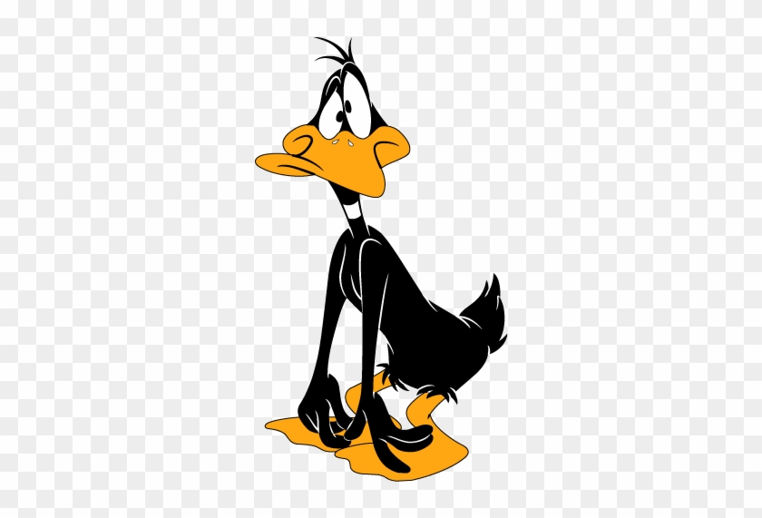 Daffy Duck sitting dejectedly with a tear, orange beak and feet, black feathers, classic Warner Bros. cartoon style.