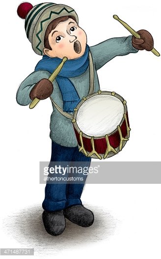 A joyful child in winter clothes plays a snare drum with drumsticks, mouth open in excitement.
