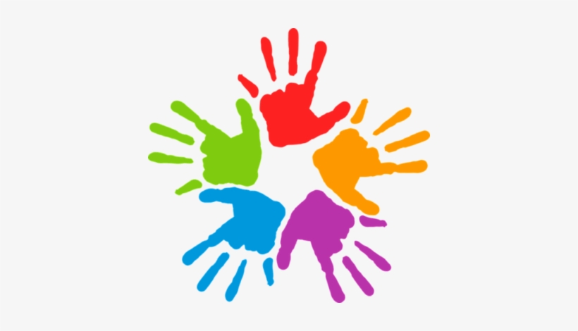 Six colorful handprints arranged in a circle, symbolizing unity, diversity, and community collaboration.