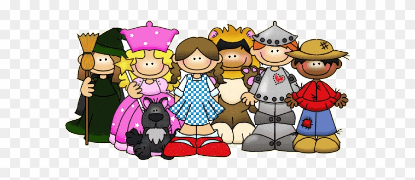 Cartoon illustration of six characters from The Wizard of Oz: Wicked Witch, Glinda, Dorothy, Scarecrow, Tin Man, and Cowardly Lion with Toto.