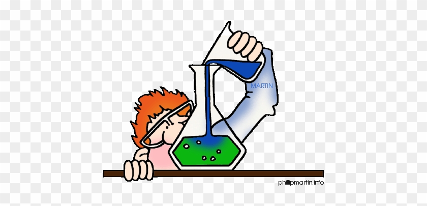 A cartoon scientist with red hair and goggles pours blue liquid into a flask with green bubbling solution.