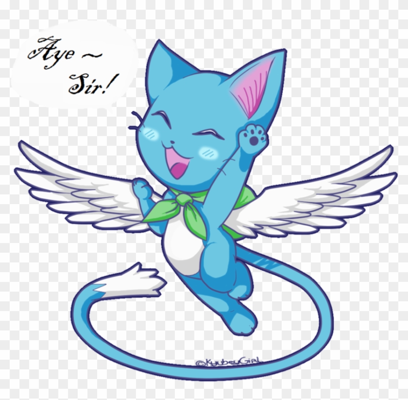 Blue winged cat with green scarf waving and saying "Aye ~ Sir!" in cheerful pose.