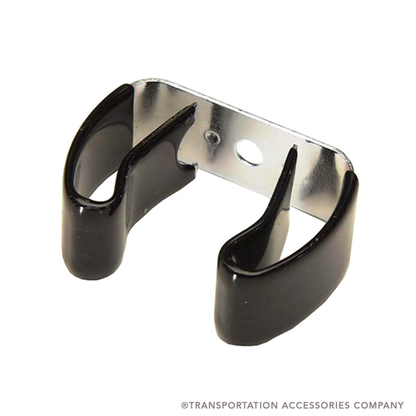Black plastic and metal dual cup holder bracket for vehicle interior mounting.