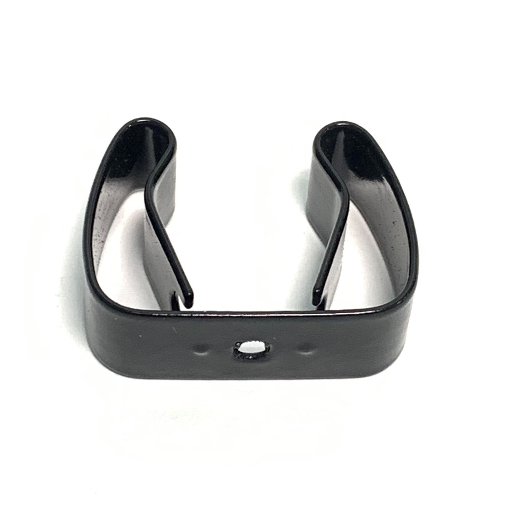Black U-shaped metal clip with central mounting hole and dual curved arms for securing cables or hoses.