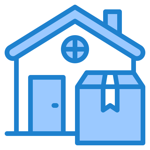 Blue line-art icon of a house with a delivery box in front, symbolizing home delivery or e-commerce shipping.